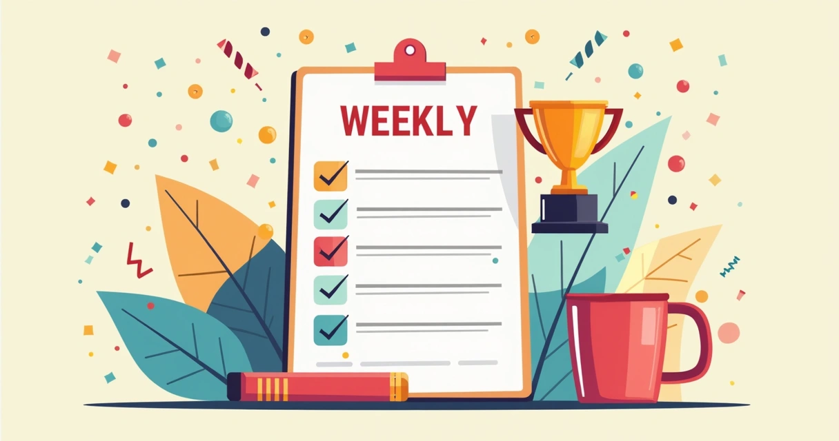 Checklist concluído com medalha de recompensa e café, sugerindo motivação ao cumprir metas semanais 