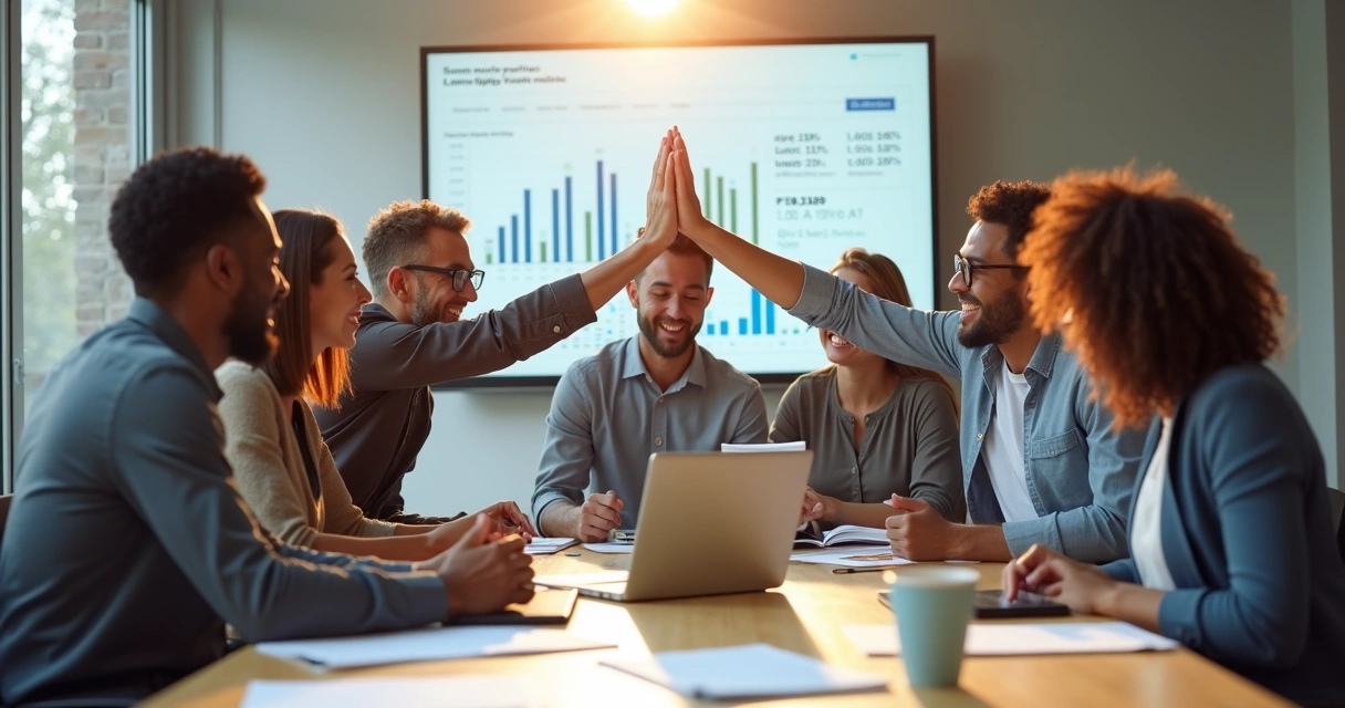 Time de vendas reunido ao redor de uma mesa celebrando resultado de vendas em uma agência digital