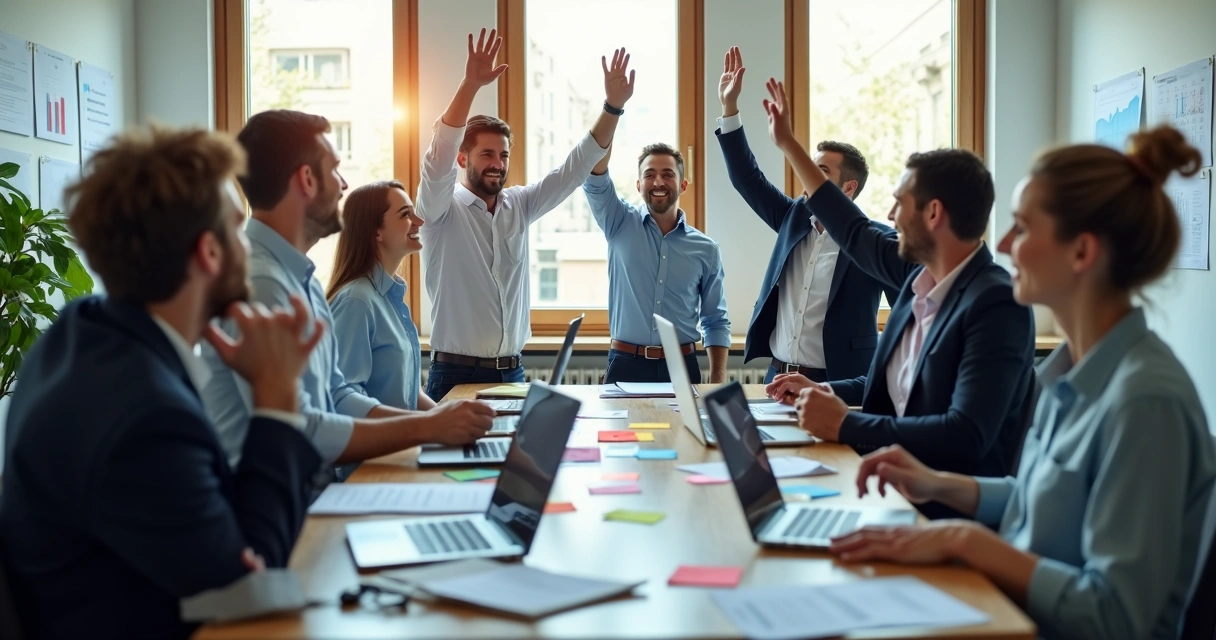 Equipe de vendas celebrando objetivos alcançados 