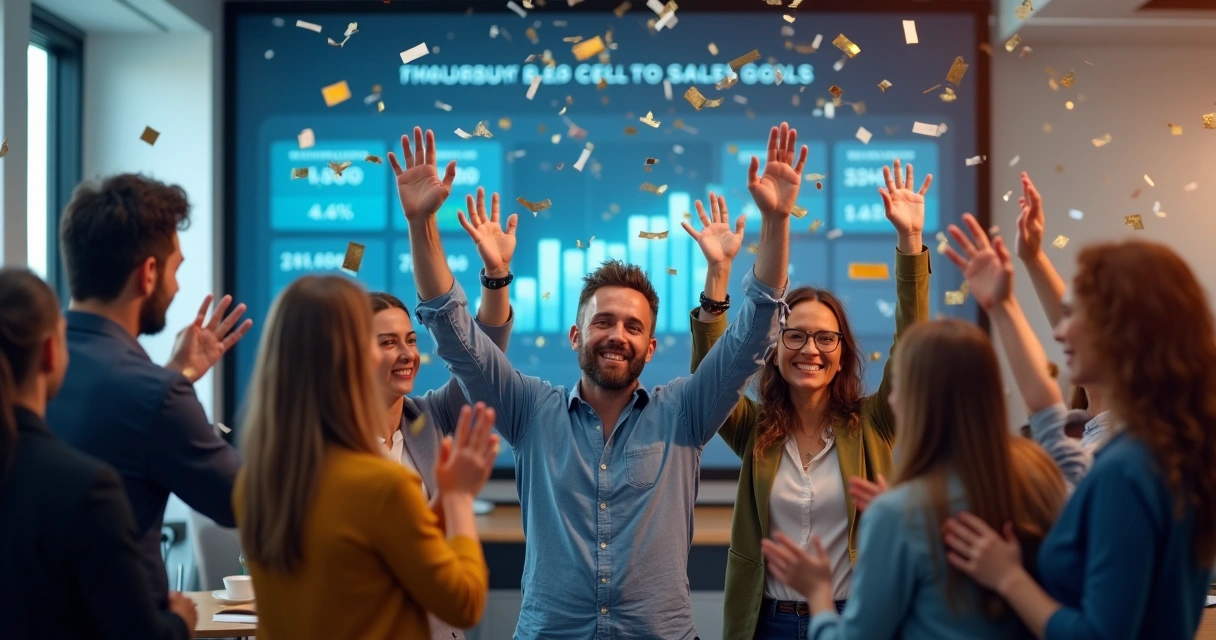 Equipe de vendas celebrando após atingir meta em ambiente corporativo 