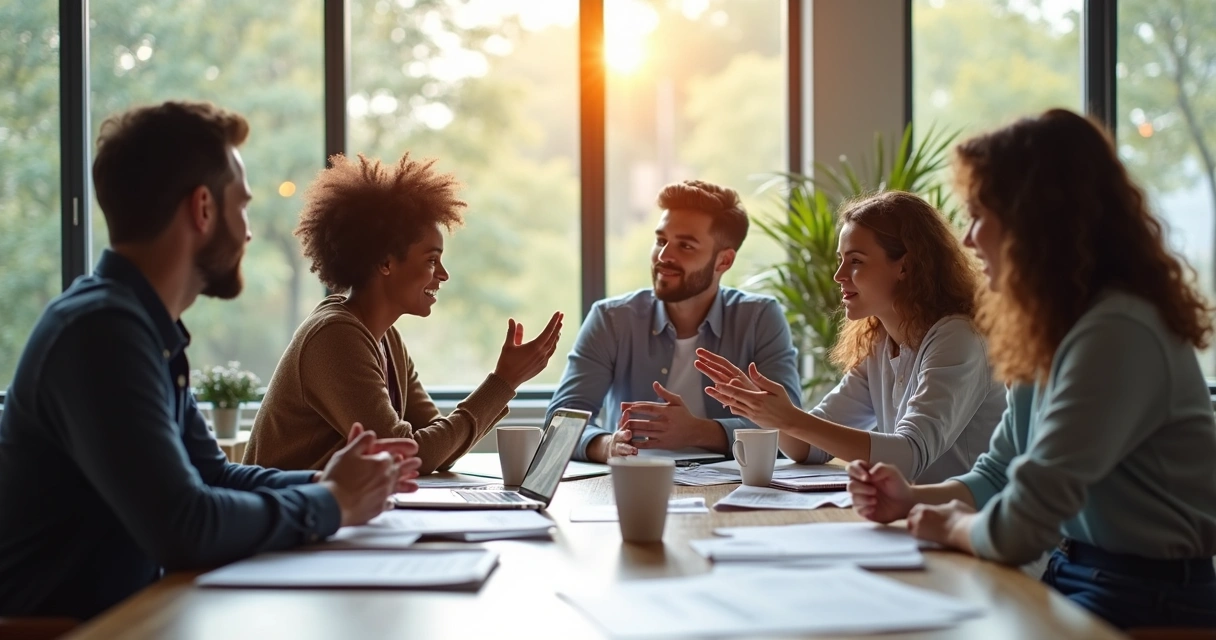 Diverse team sitting around a table, passionately discussing ideas with visible energy and shared purpose