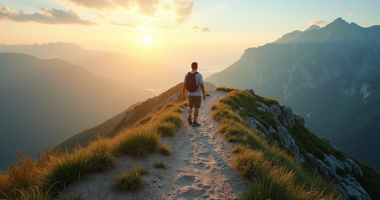 Persona sola en un sendero de montaña dividido entre luz y sombra simbolizando la motivación a largo plazo 
