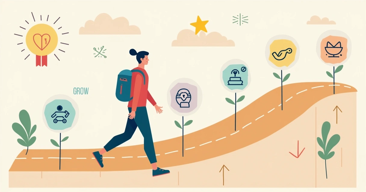 Illustration of a person making progress on a path with milestones