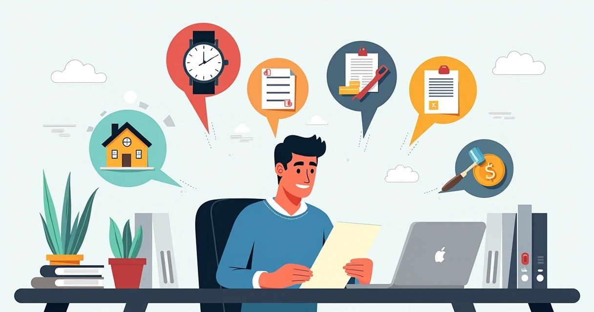 Ilustração de motivos para cancelar a compra de imóvel em um escritório com documentos e ícones relevantes.