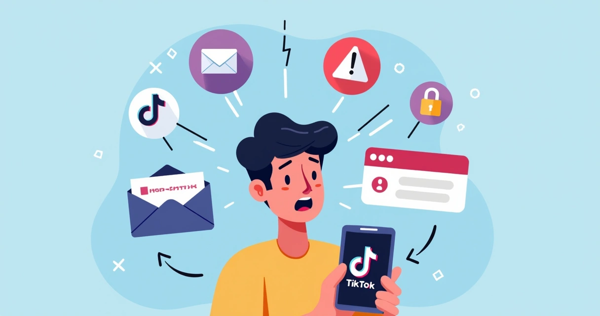Cadeado quebrado, smartphone com tela do TikTok e ícones de senha apagada ao fundo 
