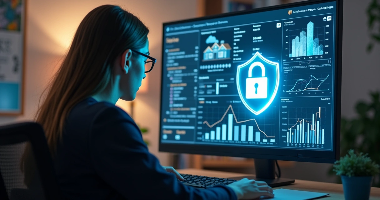 Pessoa analisando dados protegidos de imóveis em tela de computador