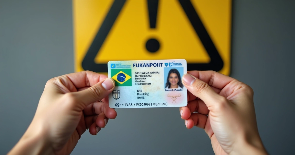 Duas mãos segurando uma carteira de motorista com símbolo de atenção ao fundo