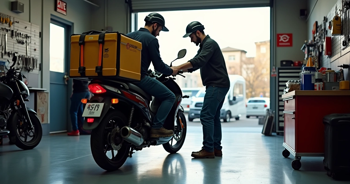 Moto de delivery parada para revisão em oficina 