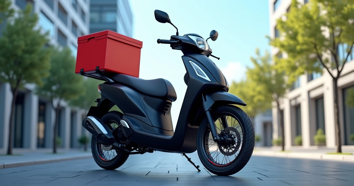 Moto preta de delivery parada em rua urbana com caixa térmica vermelha na traseira, prédios ao fundo e céu claro 