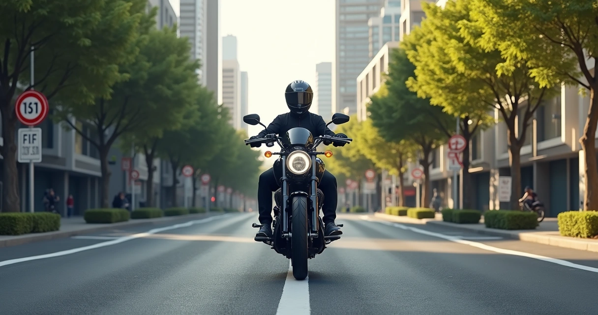 Moto parada em rua sinalizada com placas de trânsito 