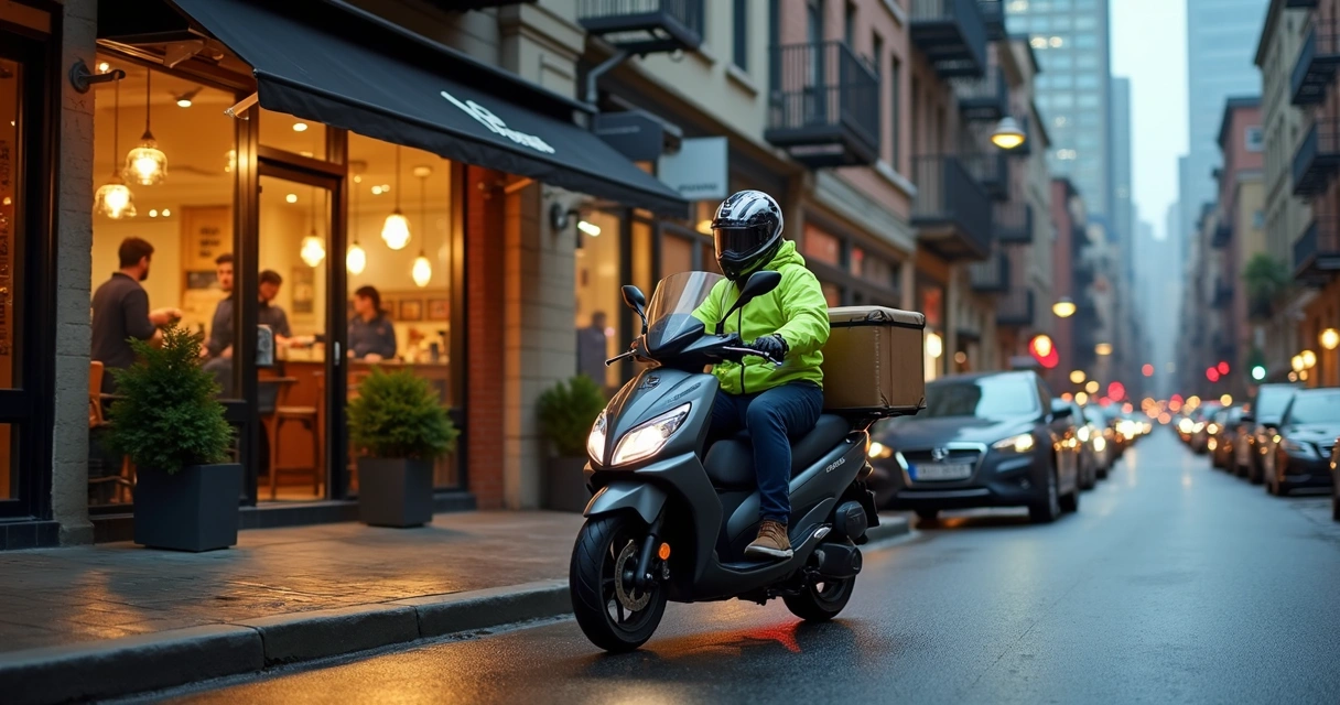 Moto de delivery saindo para entrega em área urbana 