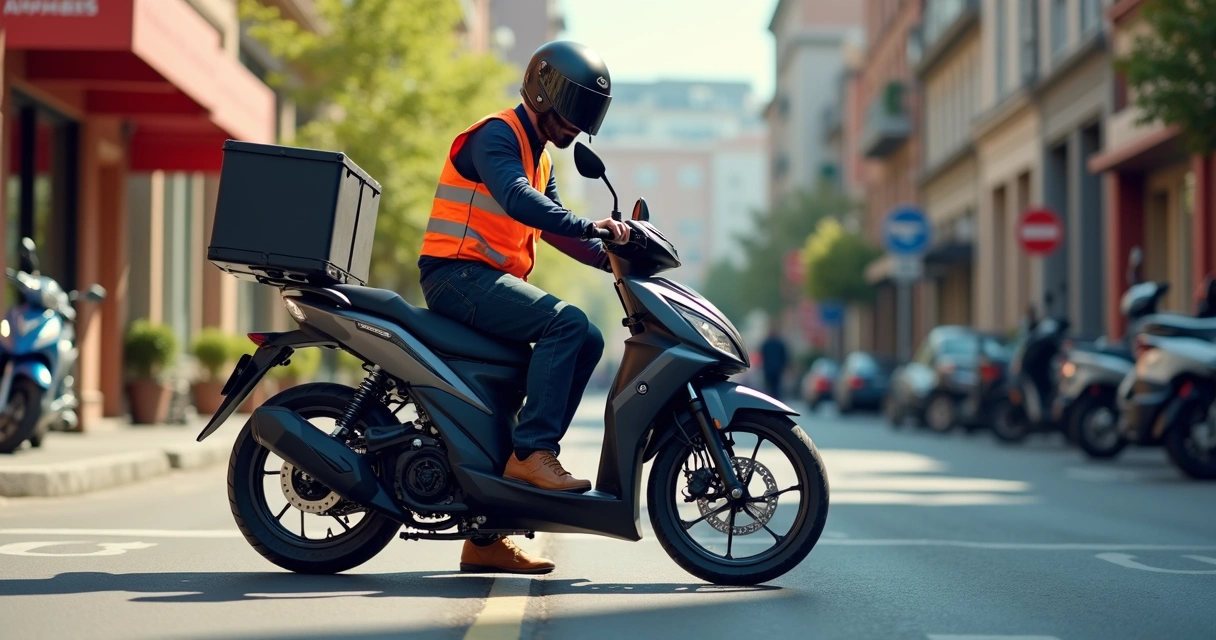Motociclista com capacete verificando a moto antes da entrega em ambiente urbano 