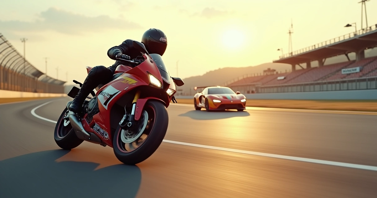 Motociclista em curva larga seguindo de perto circuito estilo NASCAR com carro ao fundo 
