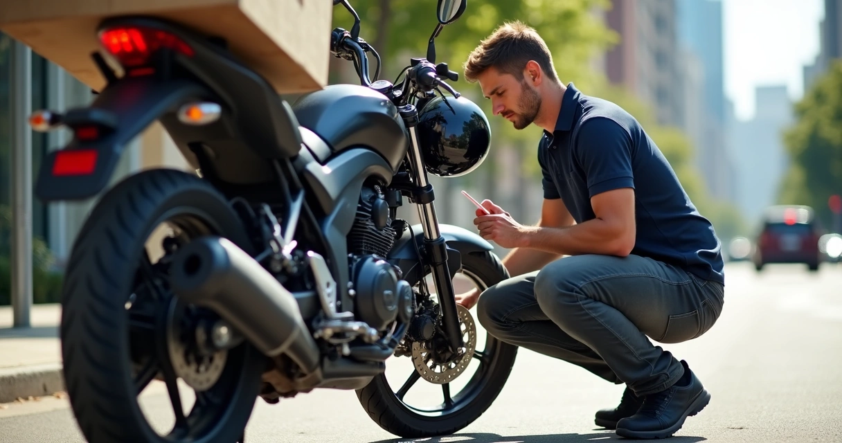 Pessoa analisando moto antes de alugar 