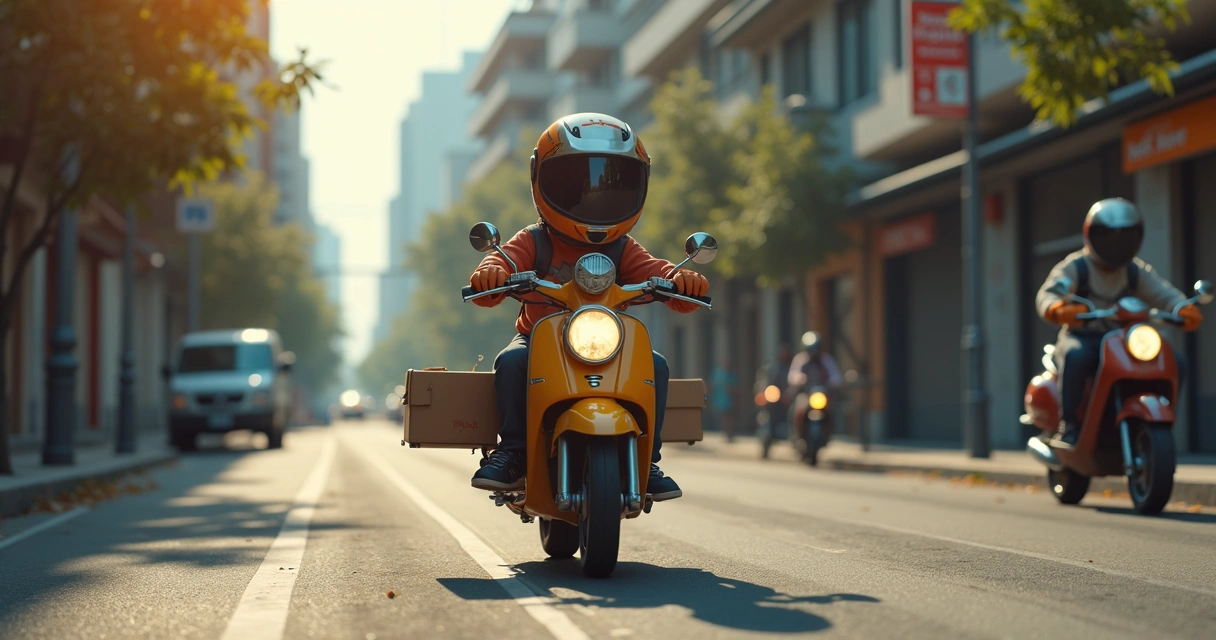 Motoboy entregando pacote em área urbana movimentada, motocicleta e prédios ao fundo 