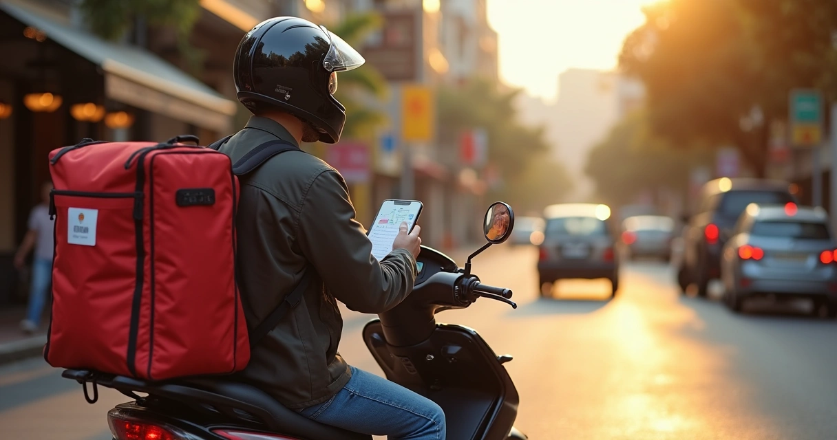 Entregador de moto fazendo entrega própria de restaurante em área urbana 