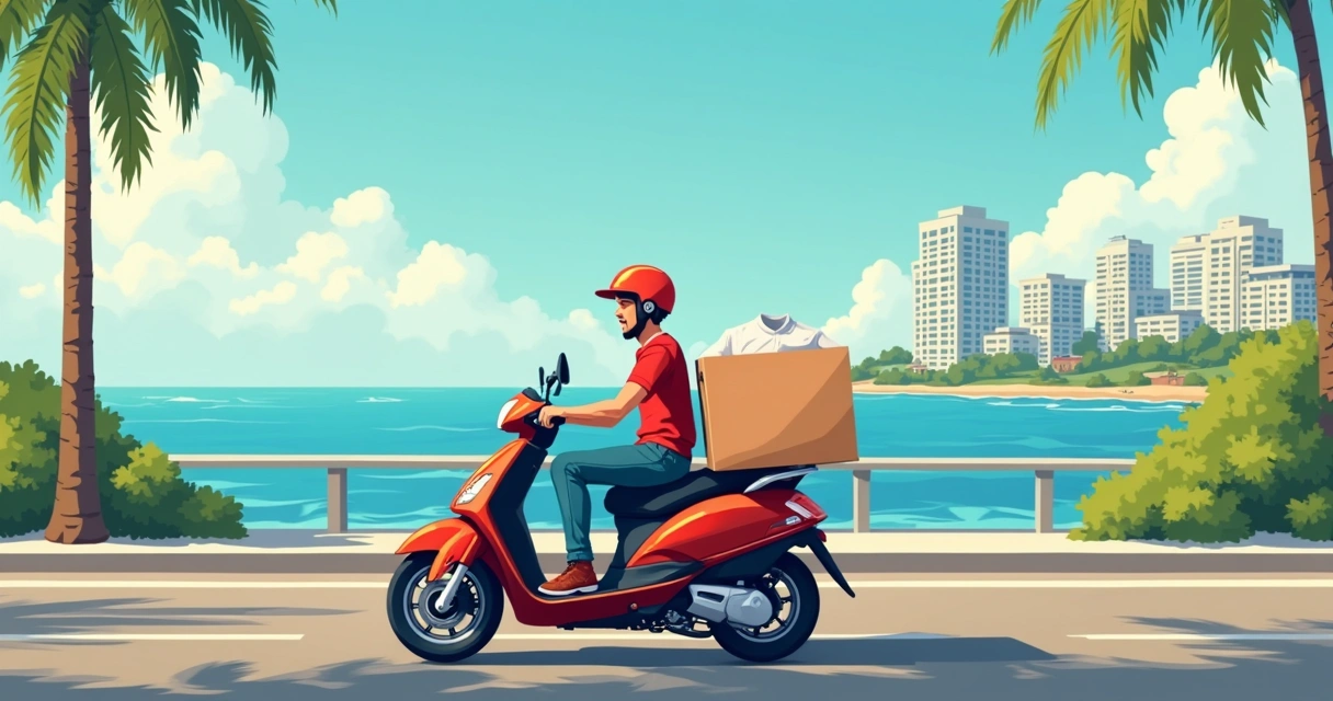 Motoboy levando caixa de camisetas para entrega em Santos