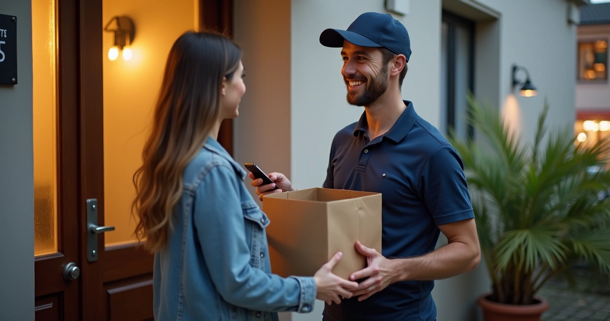Motoboy entrega pedido de restaurante para cliente na porta