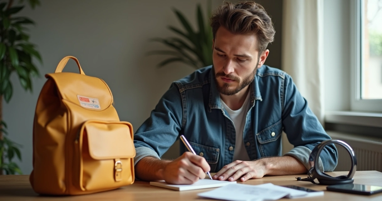 Motoboy sentado em casa, anotando despesas em um caderno, com capacete e mochila de entrega ao lado 