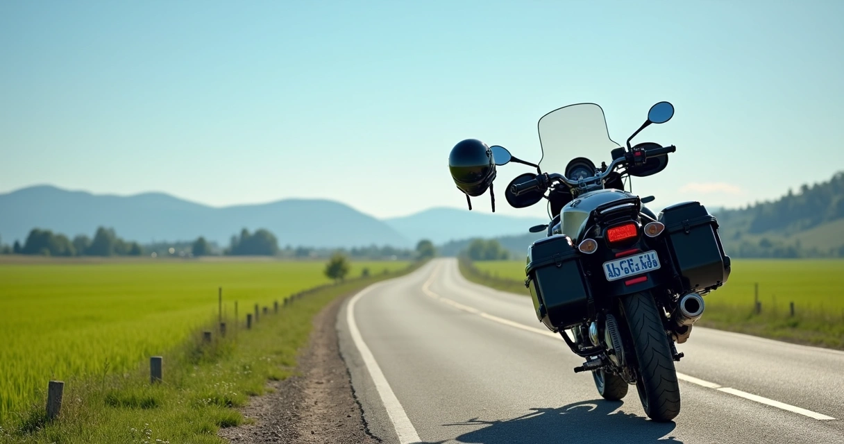 Motocicleta de turismo estacionada en un paisaje rural con campos verdes y cielo despejado 