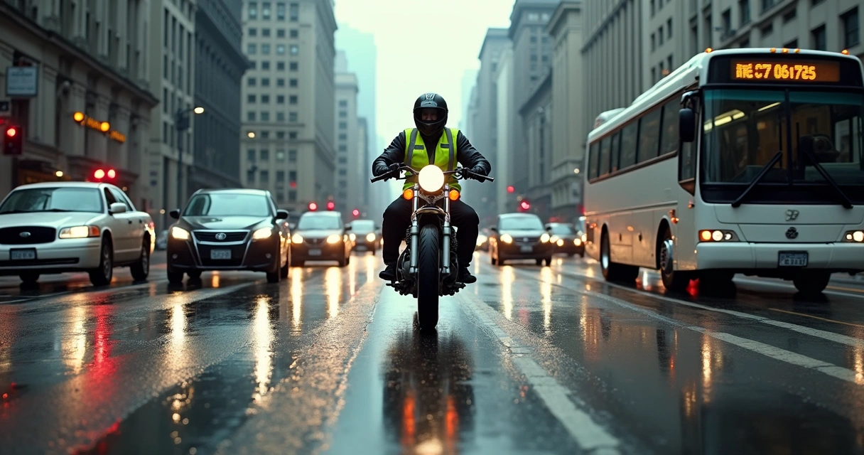 Motofretista trabalhando em área urbana com trânsito intenso
