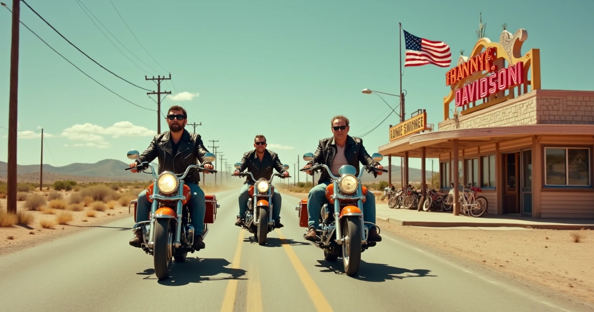 Motociclistas com jaquetas de couro Harley Davidson cruzando a Rota 66 