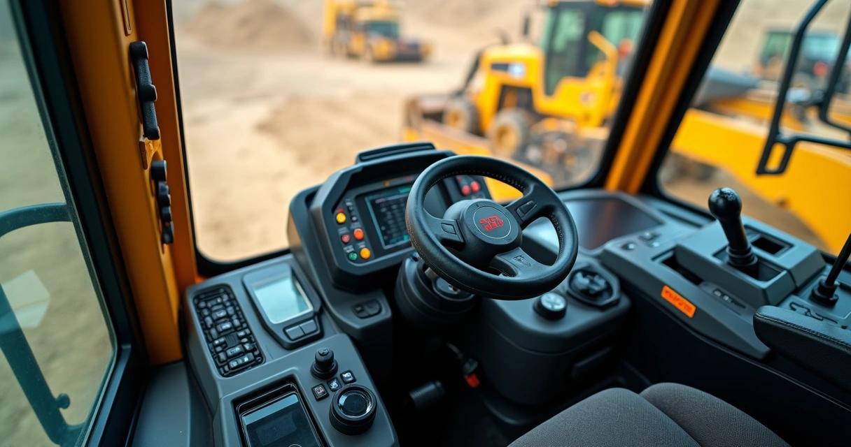 Painel interno de motoniveladora com sistema hidráulico avançado e joystick digital 