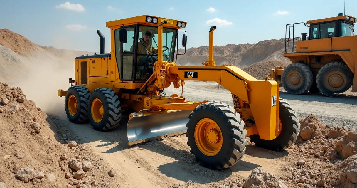 Motoniveladora amarela operando em canteiro de obras com operador visível e lâmina regulando terreno 