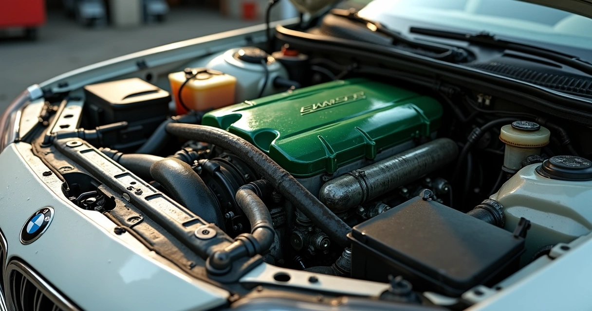 Motor de carro aberto mostrando o sistema de arrefecimento com mangueiras, radiador e líquido de arrefecimento visíveis 