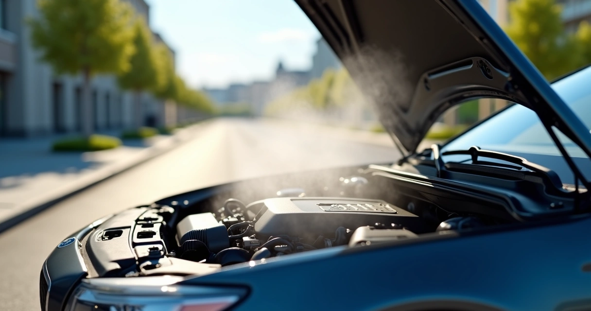 Motor de carro aberto com vapor saindo devido ao superaquecimento em dia quente 