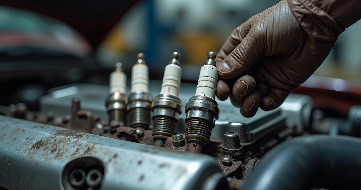 Motor de carro com velas de ignição expostas, mecânico com luvas ao fundo 