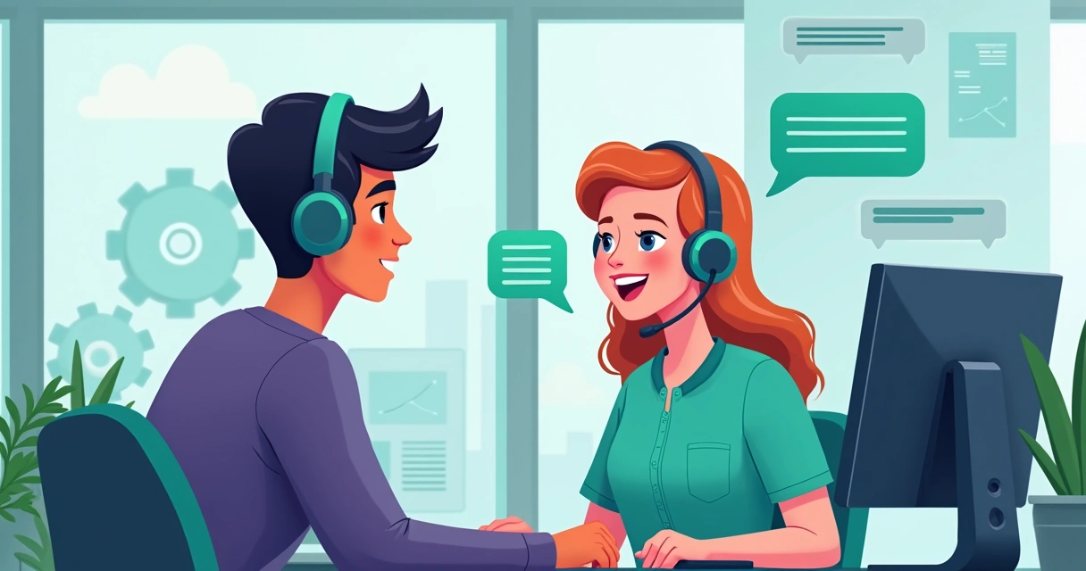 Ilustração de um atendente digital conversando via WhatsApp com cliente 