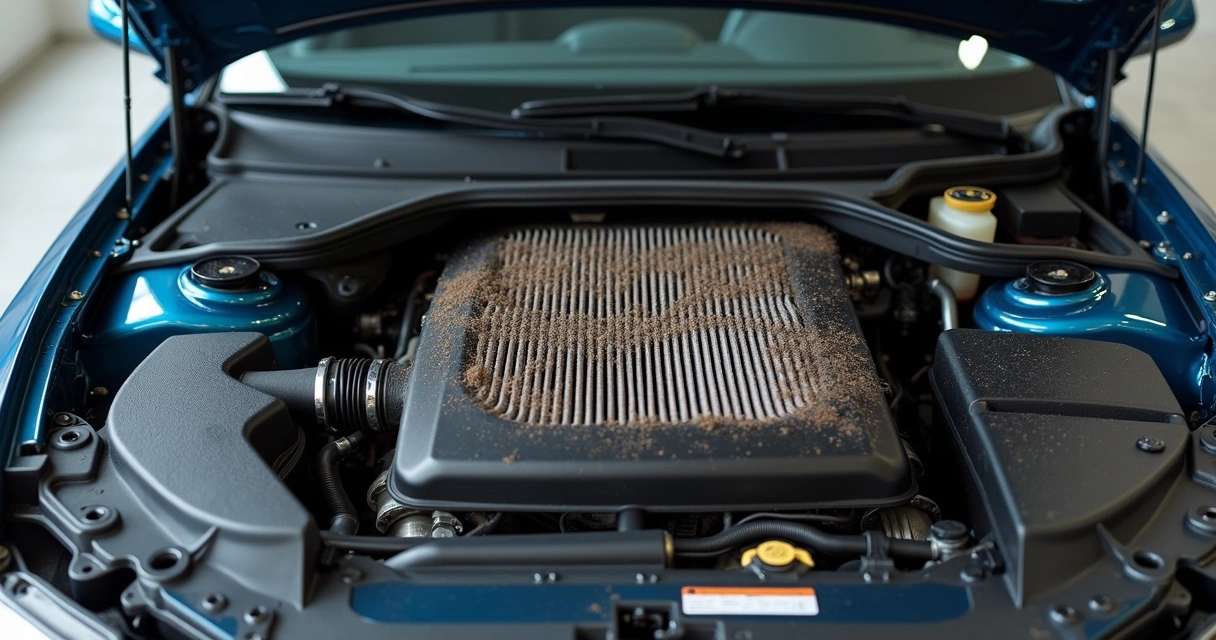 Motor de carro aberto mostrando filtro de ar sujo 