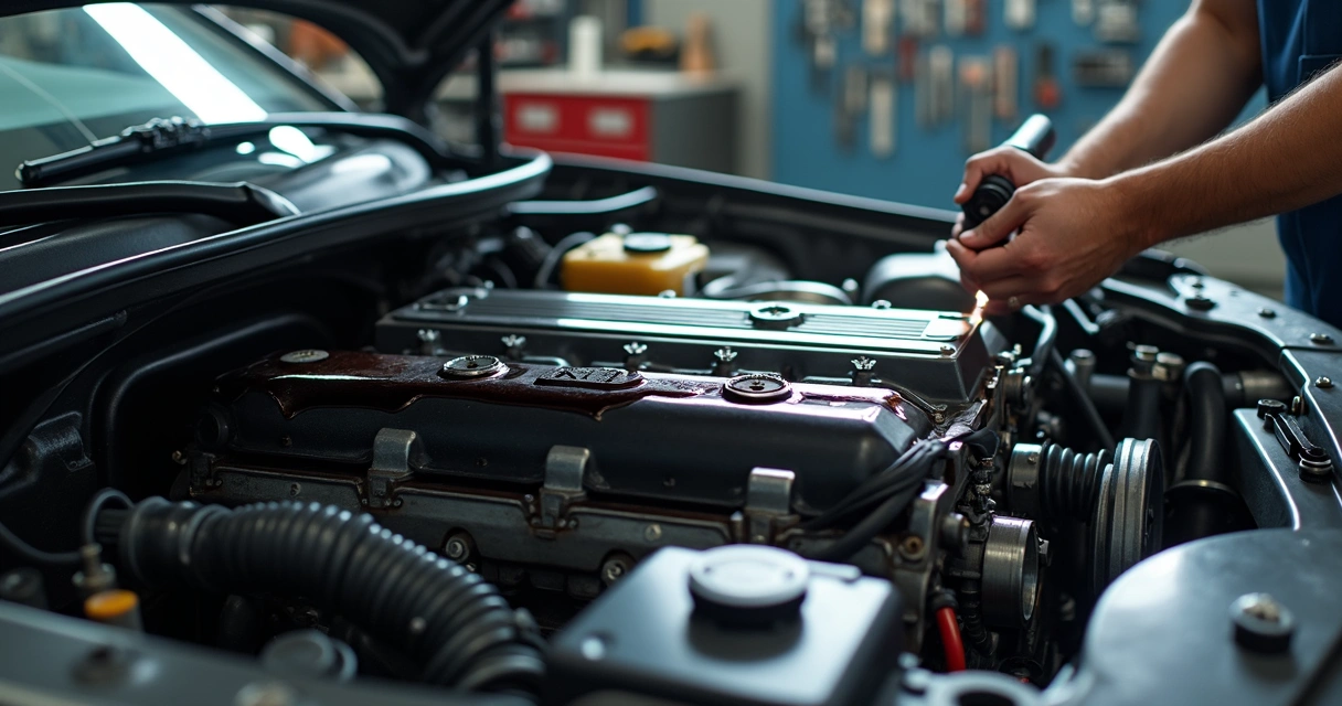 Motor de carro com vazamento visível de óleo próximo à junta do cabeçote 