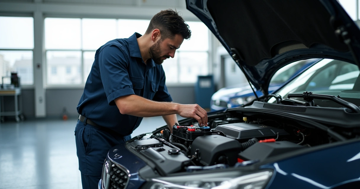 Mecanico verificando a bateria de um carro com o capô aberto