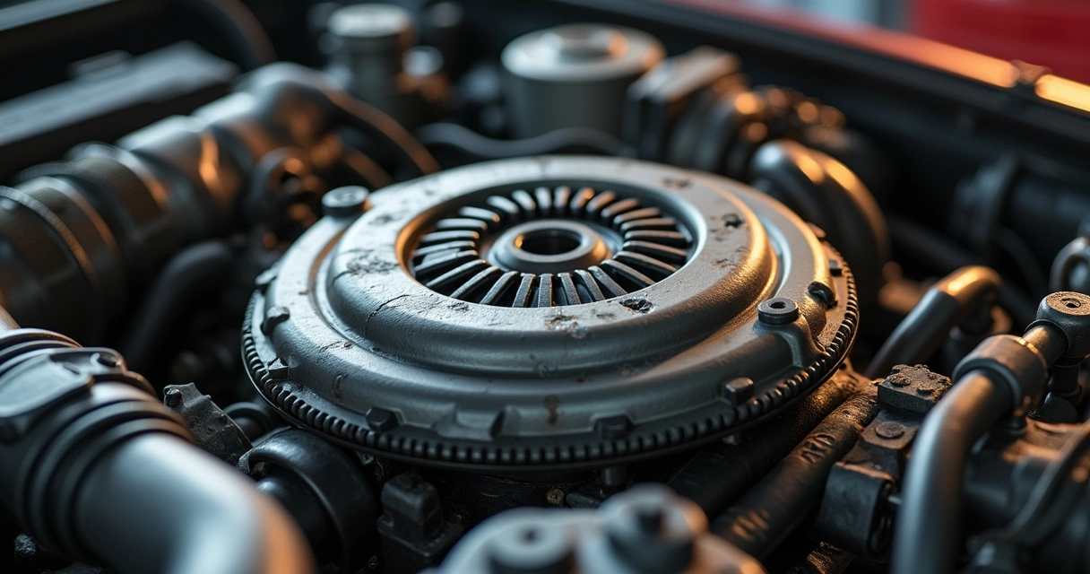 Vista detalhada de um motor de carro com foco na embreagem desgastada 