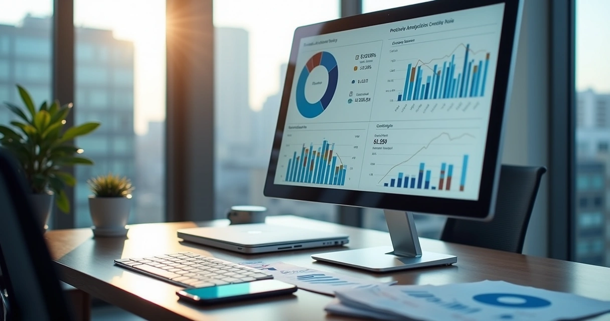 Computador com tela mostrando gráficos e dados de análise de crédito automatizada 