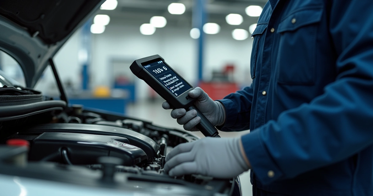 Mecânico usando scanner automotivo analisando motor 