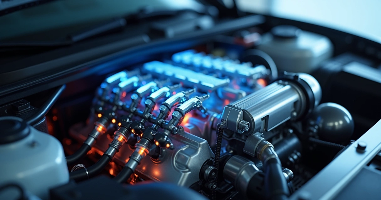Motor de carro moderno com sistema de injeção direta de combustível em destaque, mostrando os bicos injetores e componentes internos iluminados 