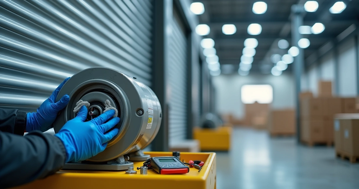Vista detalhada de motor de porta automática sendo lubrificado e limpo em ambiente comercial 