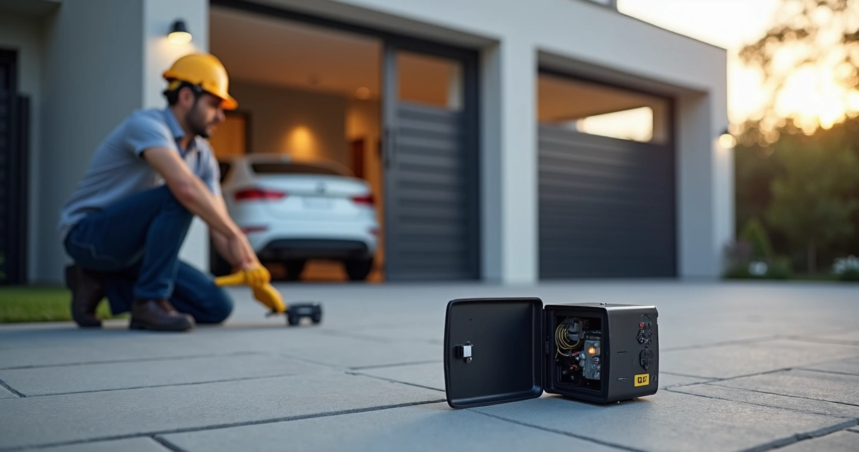 Técnico ajustando motor de portão automático deslizante em garagem residencial 