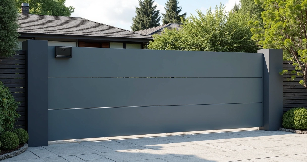 Automatizador instalado em portão basculante cinza visto de perto 