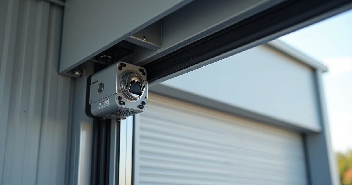 Detalhe de motor instalado em portão basculante com ferragens e sistema de tração em destaque 