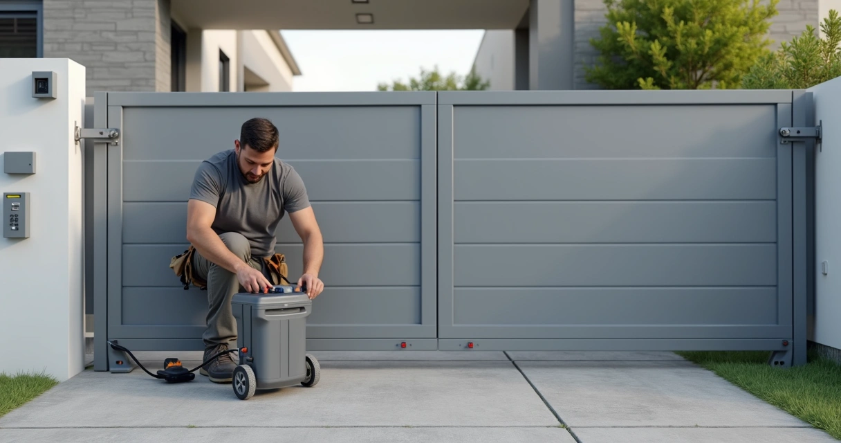 Instalador ajustando motor para portão basculante em garagem residencial 