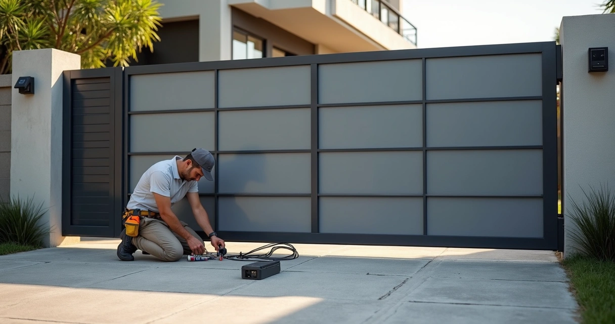 Instalador ajustando motor para portão basculante em garagem residencial 