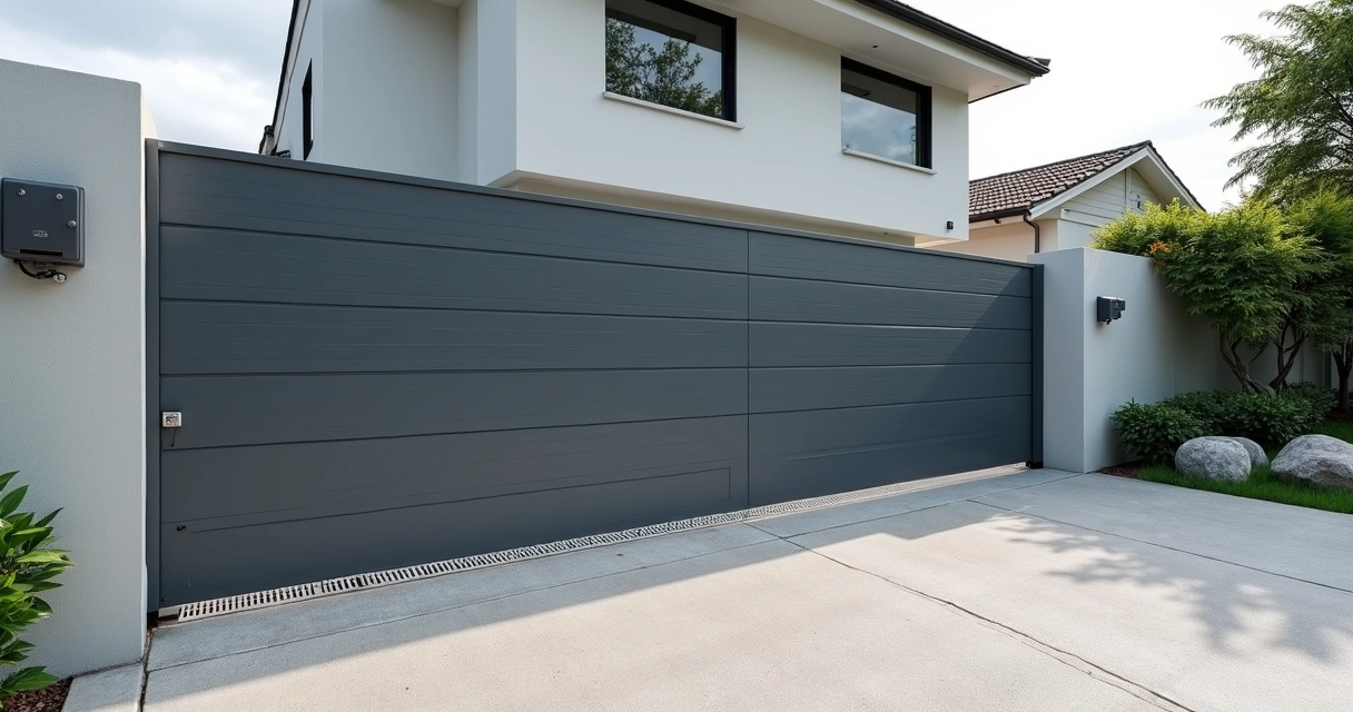 Motor para portão de correr instalado em entrada residencial moderna 