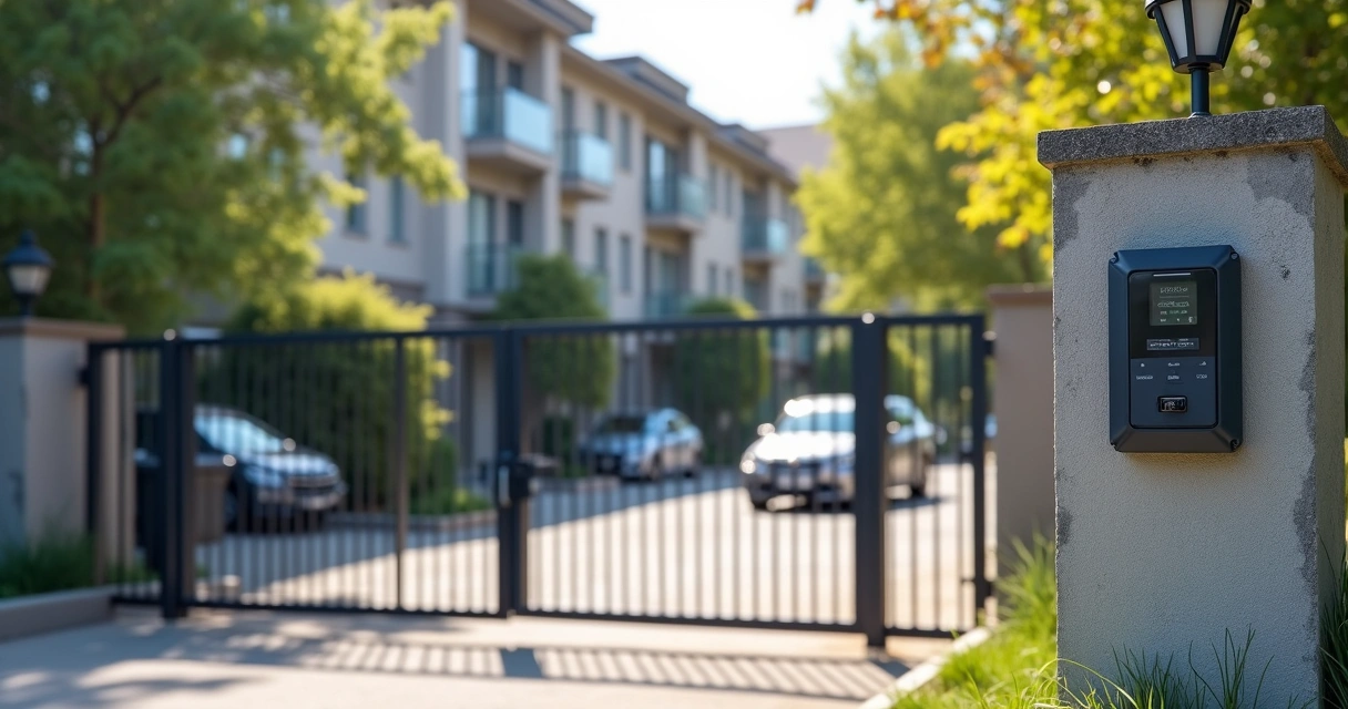 Motor de portão eletrônico instalado em portão deslizante de condomínio 