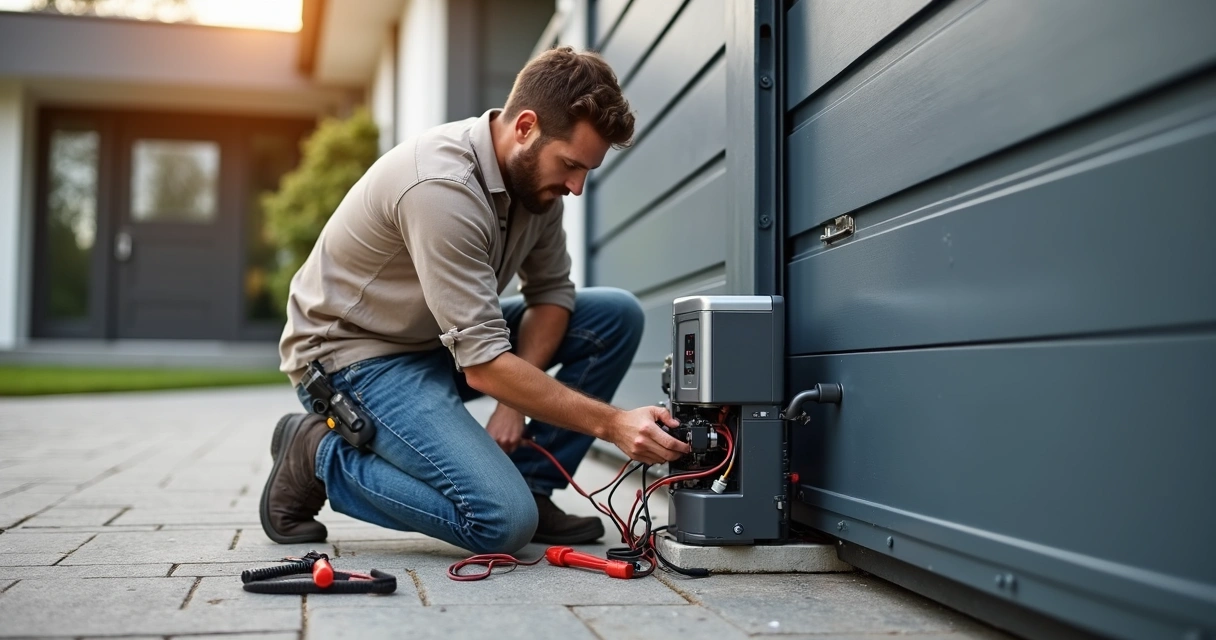 Instalador ajustando motor de portão eletrônico deslizante em residência moderna 
