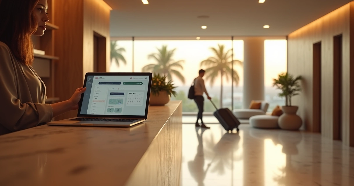 Recepcionista de hotel usando tablet com sistema de reservas na bancada de atendimento 