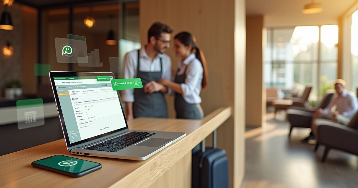 Balcão de hotel com funcionários usando computador integrado ao WhatsApp para reservas 